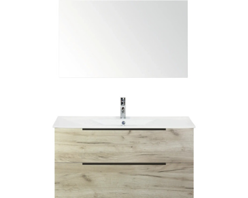 SANOX Badkamermeubelset Seville craft oak 100 cm met edge greep en twee lades incl. keramische wastafel Enjoy met één kraangat en spiegel Wastafelmeubel met onderkast, keramische wastafel en spiegel