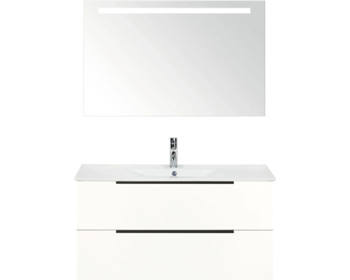 SANOX Badkamermeubelset Seville hoogglans wit 100 cm met edge greep en twee lades incl. keramische wastafel Enjoy met één kraangat en spiegel met verlichting Badkamer met wastafelonderkast, wastafel en spiegel met verlichting
