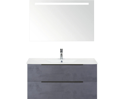 SANOX Badkamermeubelset Seville beton antraciet 100 cm met edge greep en twee lades incl. keramische wastafel Enjoy met één kraangat en spiegel met verlichting Wastafelmeubel met onderkast en verlichte spiegel