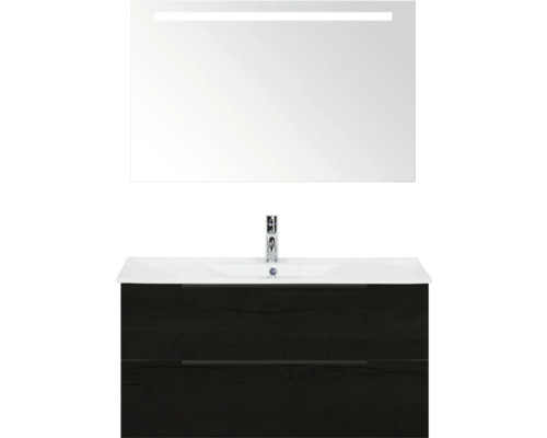SANOX Badkamermeubelset Seville black oak 100 cm met edge greep en twee lades incl. keramische wastafel Enjoy met één kraangat en spiegel met verlichting Wastafelcombinatie met spiegel en onderkast