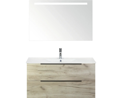 SANOX Badkamermeubelset Seville craft oak 100 cm met edge greep en twee lades incl. keramische wastafel Enjoy met één kraangat en spiegel met verlichting Wastafelmeubel met onderkast, twee laden, opzetwastafel en spiegel met verlichting