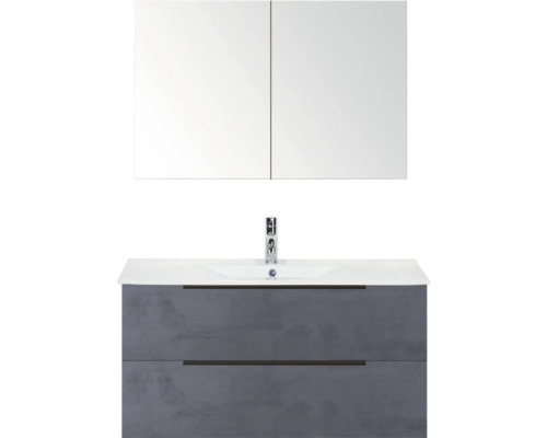 SANOX Badkamermeubelset Seville beton antraciet 100 cm met edge greep en twee lades incl. keramische wastafel Enjoy met één kraangat en spiegelkast Badkamermeubelset met wastafel, wasbak en spiegelkast