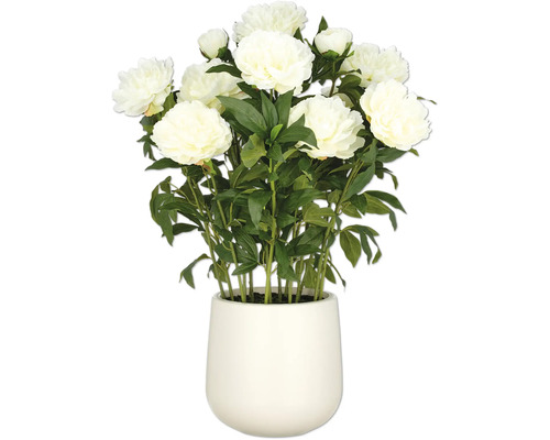 Kunstbloemstuk met witte pioenrozen in een witte pot