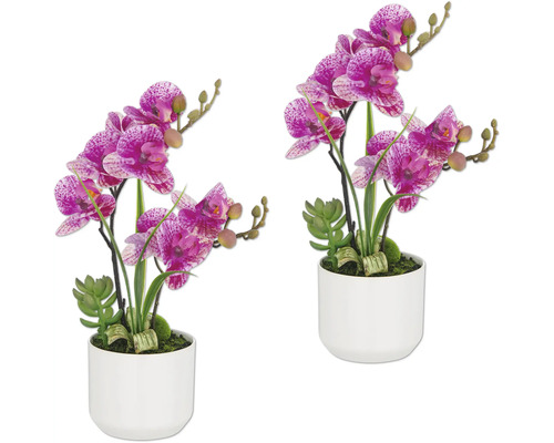Twee kunstmatige orchideeën met stippelbloemen in witte potten