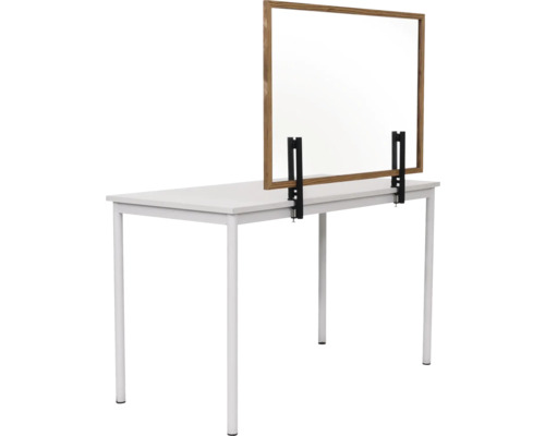 Tafel met gemonteerd spatscherm van glas en houten frame