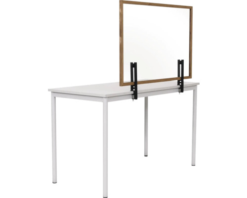 Tafel met transparant scheidingsscherm met houten frame en houder