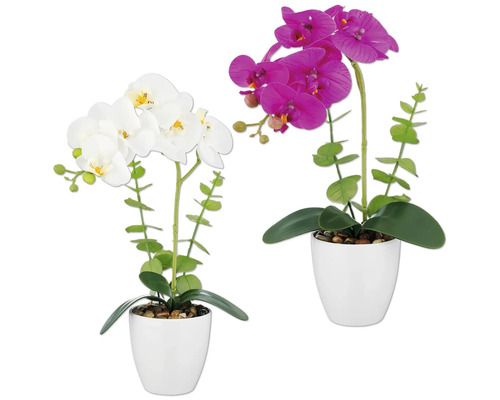 Kunstplant Phalaenopsis in pot wit roze H 40 cm 2 st Twee potorchideeën in wit en paars