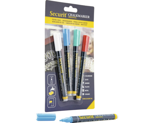 Securit krijtmarker set met vier stiften en een enkele stift met dop