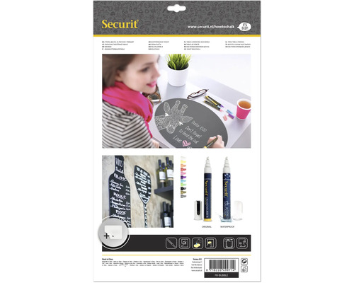 Securit krijtbord met krijtstiften en decoratie