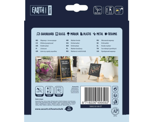 Verpakking van een krijtstift met voorbeelden van toepassingen en productdetails