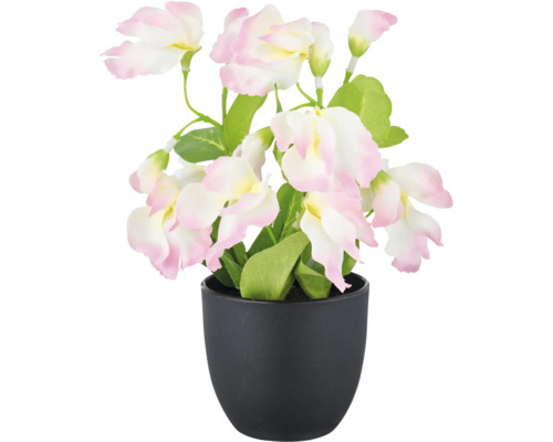 Decoratieve kunstbloem met roze-witte bloemen in een zwarte pot