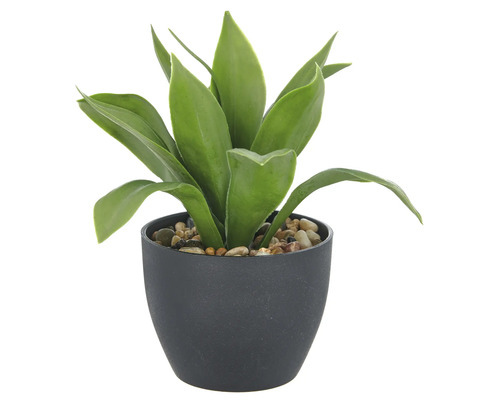 Decoratieve kunstplant in een zwarte pot met stenen.