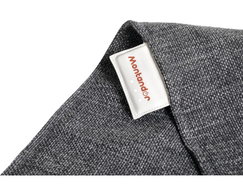 Detailopname van een grijze stof met Montandor logo
