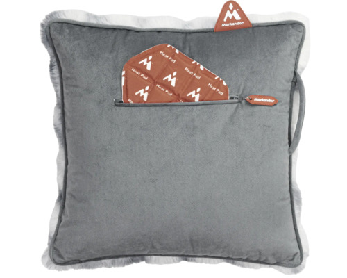 Grijs sierkussen met warmtekussen en Montandor logo