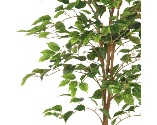 Close-up van een kunstmatige ficusboom met groene bladeren en bruine takken