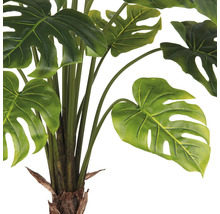 Close-up van een kunstmatige Monstera plant met groene bladeren.