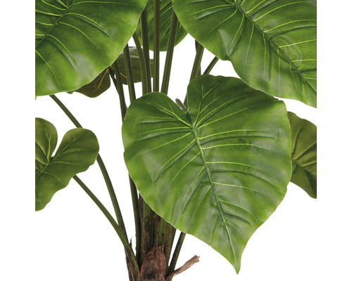 Detailopname van een kunstmatige Alocasia kamerplant met grote groene bladeren.