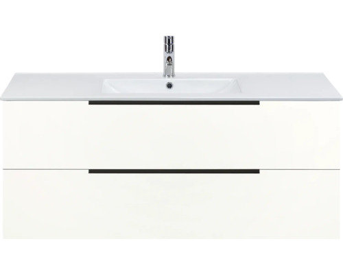 SANOX Badkamermeubelset Seville hoogglans wit 120 cm met edge greep en twee lades incl. keramische wastafel Enjoy met één kraangat Wastafelonderkast met twee lades en opzetwastafel