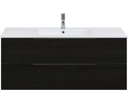 SANOX Badkamermeubelset Seville black oak 120 cm met edge greep en twee lades incl. keramische wastafel Enjoy met één kraangat Wastafelonderkast met wastafel en twee laden