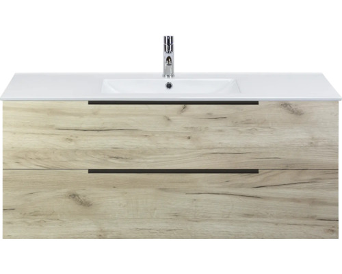 SANOX Badkamermeubelset Seville craft oak 120 cm met edge greep en twee lades incl. keramische wastafel Enjoy met één kraangat Wastafelonderkast met wastafel en kraan