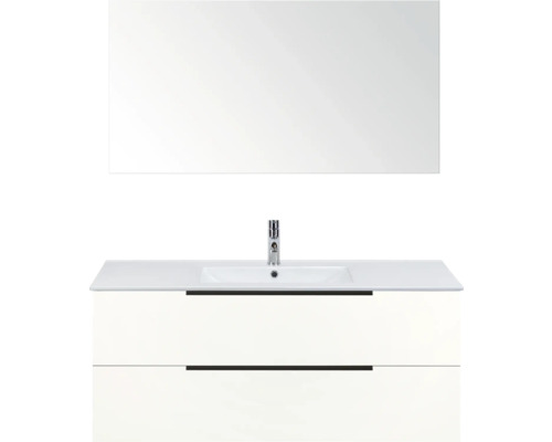 SANOX Badkamermeubelset Seville hoogglans wit 120 cm met edge greep en twee lades incl. keramische wastafel Enjoy met één kraangat en spiegel Wastafelmeubel met spiegel, wastafel en onderkast voor de badkamer