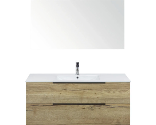 SANOX Badkamermeubelset Seville natuur eiken 120 cm met edge greep en twee lades incl. keramische wastafel Enjoy met één kraangat en spiegel Wastafelmeubel met spiegel, houtlook en twee lades voor de badkamer
