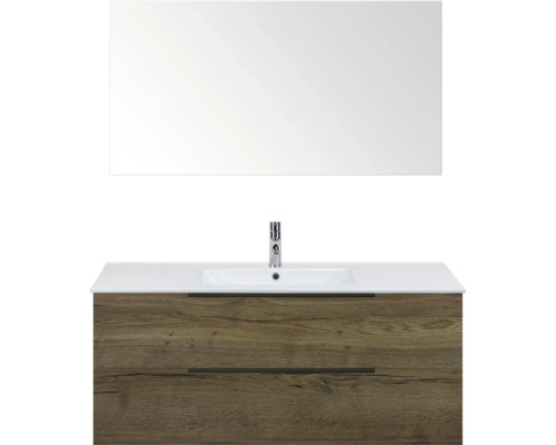 SANOX Badkamermeubelset Seville tabacco 120 cm met edge greep en twee lades incl. keramische wastafel Enjoy met één kraangat en spiegel Wastafelonderkast met wastafel en spiegel voor de badkamer