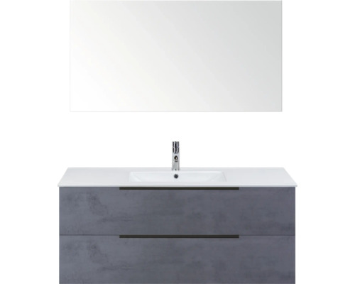 SANOX Badkamermeubelset Seville beton antraciet 120 cm met edge greep en twee lades incl. keramische wastafel Enjoy met één kraangat en spiegel Wastafelmeubel met wasbak, kraan en spiegel voor de badkamer