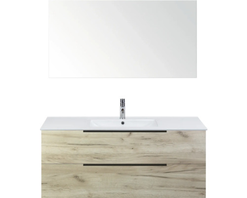 SANOX Badkamermeubelset Seville craft oak 120 cm met edge greep en twee lades incl. keramische wastafel Enjoy met één kraangat en spiegel Wastafelcombinatie met spiegel, wastafel en onderkast met twee laden