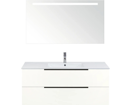 SANOX Badkamermeubelset Seville hoogglans wit 120 cm met edge greep en twee lades incl. keramische wastafel Enjoy met één kraangat en spiegel met verlichting Wastafelcombinatie met wastafel, onderkast en spiegel met verlichting