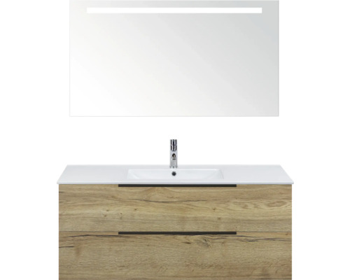 SANOX Badkamermeubelset Seville natuur eiken 120 cm met edge greep en twee lades incl. keramische wastafel Enjoy met één kraangat en spiegel met verlichting Wastafelcombinatie met spiegel en twee lades in houtlook