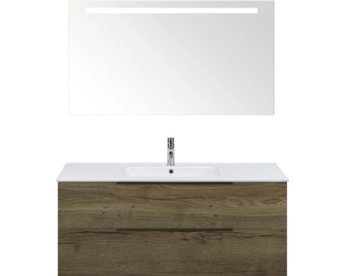 SANOX Badkamermeubelset Seville tabacco 120 cm met edge greep en twee lades incl. keramische wastafel Enjoy met één kraangat en spiegel met verlichting Wastafelmeubel met twee laden, opzetwastafel en spiegel met verlichting