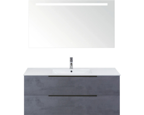 SANOX Badkamermeubelset Seville beton antraciet 120 cm met edge greep en twee lades incl. keramische wastafel Enjoy met één kraangat en spiegel met verlichting Wastafel met spiegel en onderkast voor de badkamer