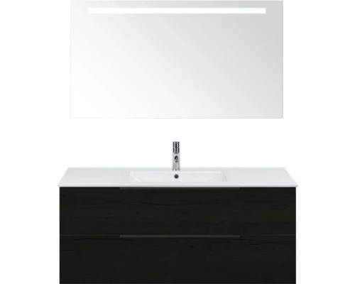 SANOX Badkamermeubelset Seville black oak 120 cm met edge greep en twee lades incl. keramische wastafel Enjoy met één kraangat en spiegel met verlichting Wastafelcombinatie met spiegel en verlichting