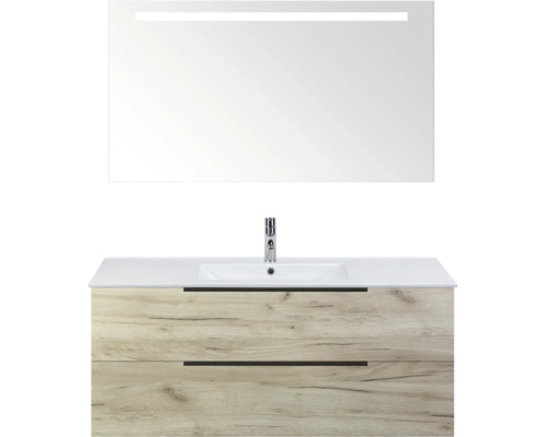 SANOX Badkamermeubelset Seville craft oak 120 cm met edge greep en twee lades incl. keramische wastafel Enjoy met één kraangat en spiegel met verlichting Wastafelcombinatie met spiegel en ledverlichting