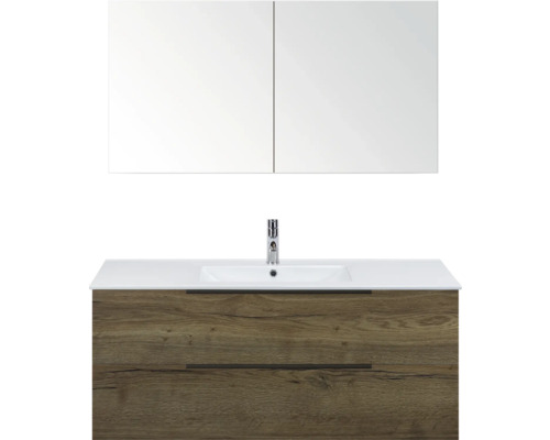 SANOX Badkamermeubelset Seville tabacco 120 cm met edge greep en twee lades incl. keramische wastafel Enjoy met één kraangat en spiegelkast Wastafelmeubel met spiegel en houten onderkast