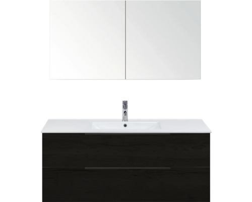 SANOX Badkamermeubelset Seville black oak 120 cm met edge greep en twee lades incl. keramische wastafel Enjoy met één kraangat en spiegelkast Wastafelcombinatie met wastafelonderkast, wastafel en spiegelkast