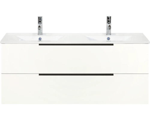 SANOX Badkamermeubelset Seville hoogglans wit 120 cm met edge greep en twee lades incl. dubbele keramische wastafel Enjoy met twee kraangaten Wastafelonderkast met twee wastafels en twee laden