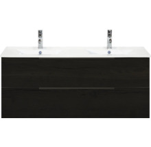 Wastafelonderkast met twee wastafels en twee kranen