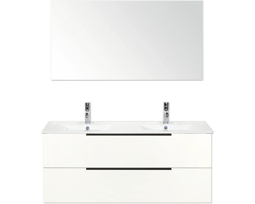 Wastafelmeubel met twee wastafels, twee laden, twee kranen en spiegel voor de badkamer