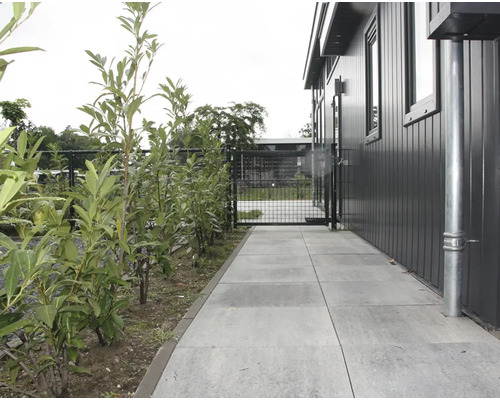 Buitenkant met trottoirtegels, hek en beplanting