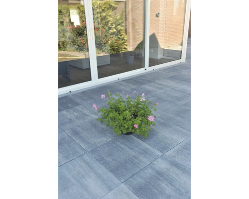 Bloempot met pelargoniums op bestrating