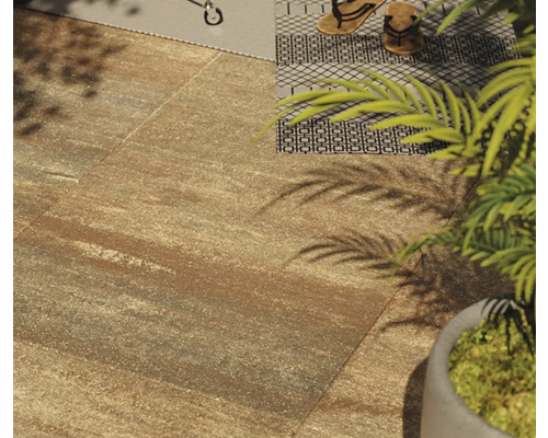 Terras met vloertegels en decoratief tapijt