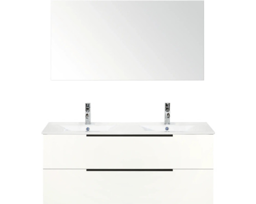SANOX Badkamermeubelset Seville hoogglans wit 120 cm met edge greep en twee lades incl. dubbele keramische wastafel Enjoy met twee kraangaten en spiegel Witte wastafel met twee waskommen, kranen en spiegel voor de badkamer
