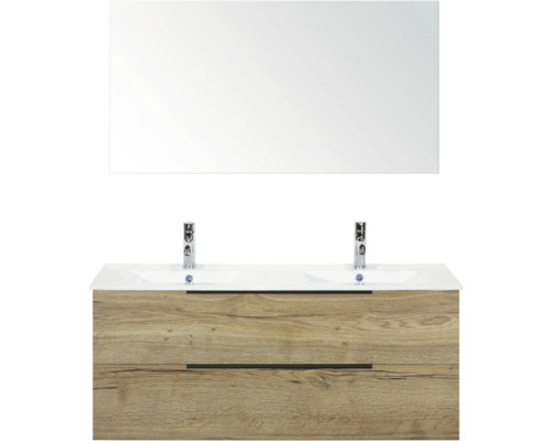 SANOX Badkamermeubelset Seville natuur eiken 120 cm met edge greep en twee lades incl. dubbele keramische wastafel Enjoy met twee kraangaten en spiegel Badkamermeubelset met wastafelonderkast, wastafel en spiegel