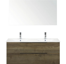 Wastafelmeubel met spiegel en houten onderkast voor de badkamer