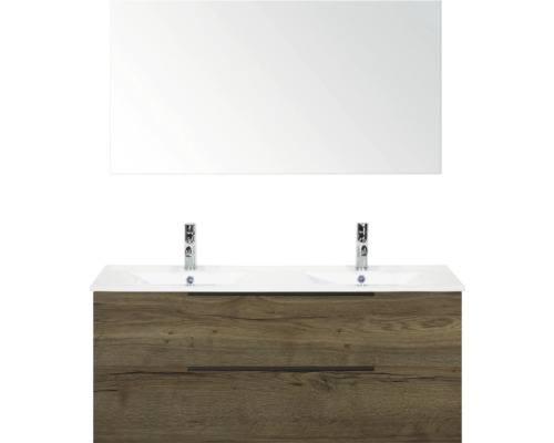 SANOX Badkamermeubelset Seville tabacco 120 cm met edge greep en twee lades incl. dubbele keramische wastafel Enjoy met twee kraangaten en spiegel Wastafelmeubel met spiegel en houten onderkast voor de badkamer