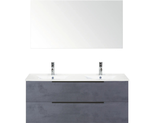 SANOX Badkamermeubelset Seville beton antraciet 120 cm met edge greep en twee lades incl. dubbele keramische wastafel Enjoy met twee kraangaten en spiegel Wastafelmeubel met twee laden, opzetwastafel en spiegel