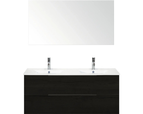 SANOX Badkamermeubelset Seville black oak 120 cm met edge greep en twee lades incl. dubbele keramische wastafel Enjoy met twee kraangaten en spiegel Wastafelmeubel met spiegel, onderkast, twee wastafels en kranen