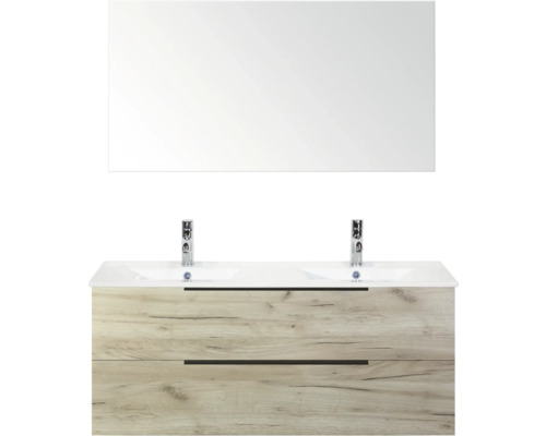 SANOX Badkamermeubelset Seville craft oak 120 cm met edge greep en twee lades incl. dubbele keramische wastafel Enjoy met twee kraangaten en spiegel Wastafelmeubel met twee wastafels, onderkast met twee lades en spiegel voor de badkamer